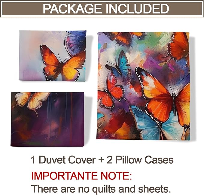 Colorful Butterfly Duvet Cover Twin Oil Painting Butterfly Bedding Set 2 Piece for Kids Decor Graffiti Art Comforter Cover and 1 Pillow Sham with Zipper Closure