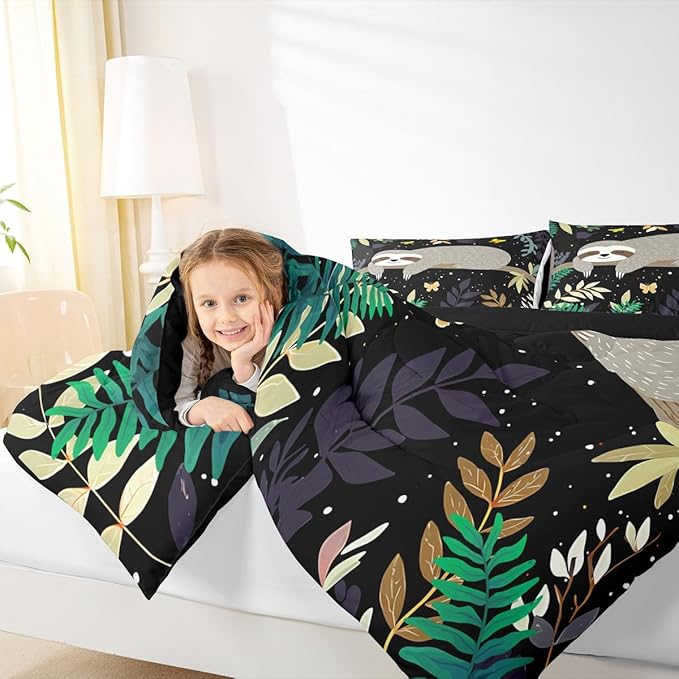 Feelyou Sloth Comforter Cute Sloth Bedding Set for Kids Boys Girls Galaxy Butterfly Comforter Set Botanical Leaves Inner Fill Duvet Set 1 Comforter Set with 2 Pillowcases Full Size