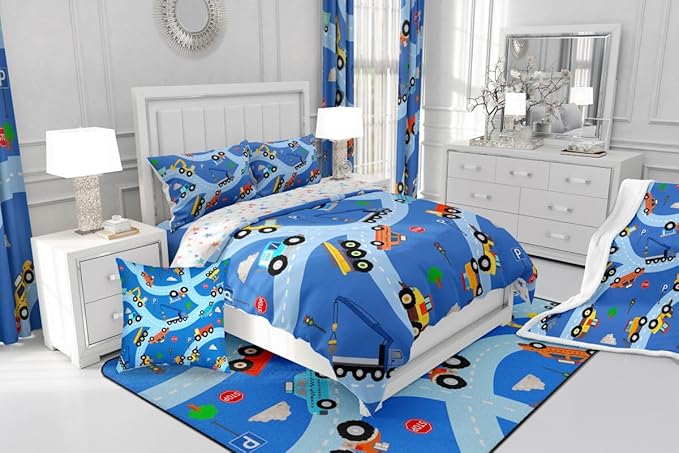 Feelyou Construction Comforter Set Toddler Size Equipment Trucks Bedding Set for Kids Boys Girls Excavator Tractor Duvet Quilt Construction Vehicles Bedroom Decor Yellow Red2 Pcs with 1 Pillow Cases