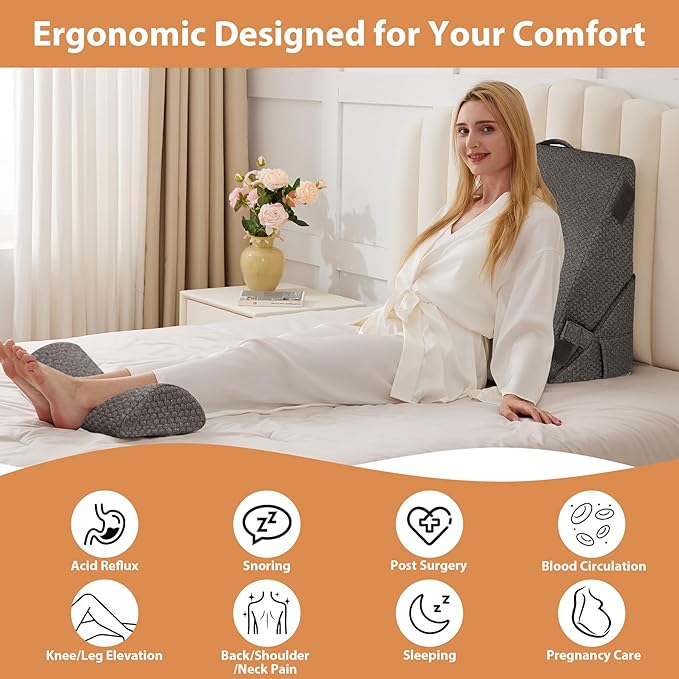 Orthopedic Bed Wedge Pillow Set 3Pcs, Adjustable Memory Foam, Pillow Wedge for Post Surgery, Back Pain Relief, Triangle Pillows for Acid Reflux, Snoring, GERD, Dark Grey