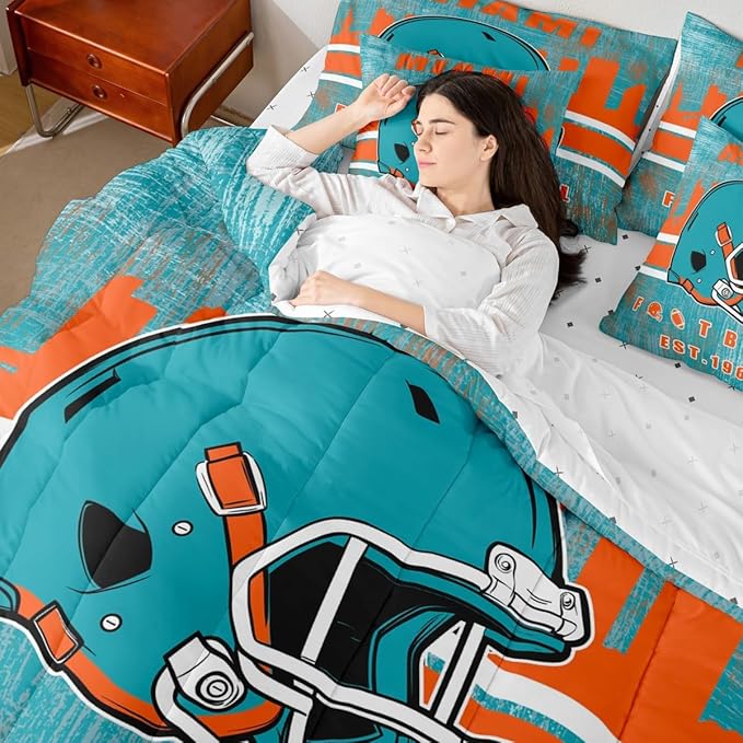 Erosebridal Boys Football Sports Helmet Bedding Set Queen Size Bed in A Bag,Kids Football Comforter Sets with Sheets for Men Women Rugby Ball Gamed Bed Set 7 Pieces