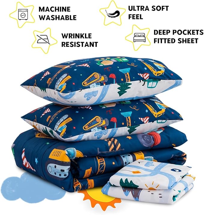 Holawakaka Trucks Tractors Cars Boy Bedding Comforter Set with Sheets, Full Size Cartoon Construction Car Excavator Print Kids Bed in A Bag 5-Piece, Boys Reversible Dorm Bed Sets (Navy Blue Full)