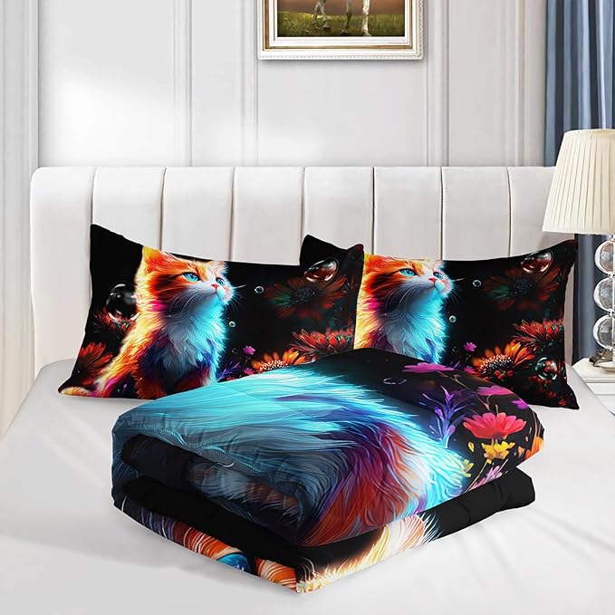 Cartoon Kawaii Cat Comforter Set Full Size 3D Animals Flower Toddler Bedding Set Cat Lovers Animal Bubble Design Quilt Bed Set for Girls Kids Teens