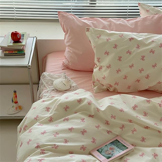 Pink Bow Duvet Cover Queen Size Bowknot On White Duvet Cover Set Kids Boys Girls 3 Pieces Cute Princess Style Bows Pattern Ultra Soft Reversible Bedding Set with 2 Pillowcases