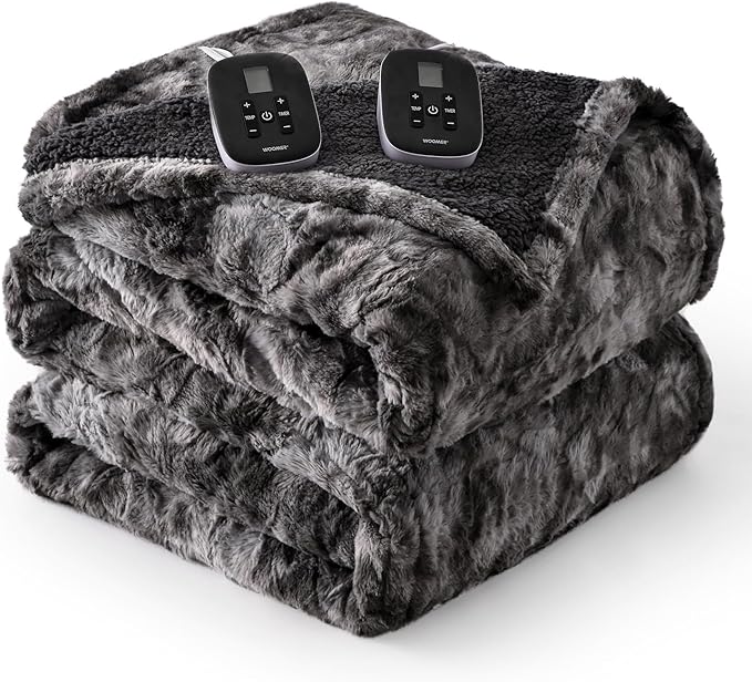 WOOMER Heated Blanket King Size, Dual Control, Electric Blanket 90"x 100", Double-Sided Faux Fur&Sherpa, Overheat Protection, 10 Heating Levels & 12H Auto Off, CPF, Home Office