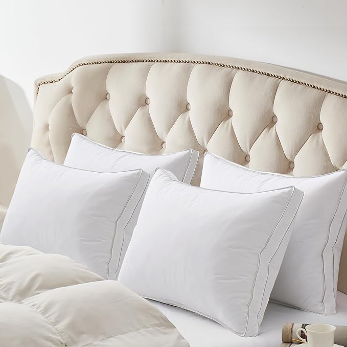 puredown® Feather Pillows with 100% Cotton Cover, Set of 2 Gusseted Bed Pillows for Sleeping, Queen Size