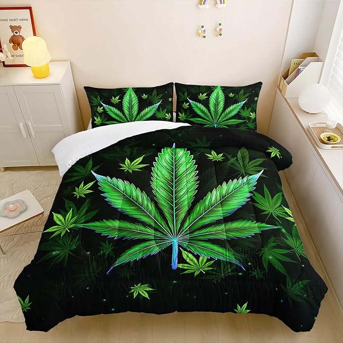 Green Marijuana Leaf Themed Comforter 3Pcs Twin Bright Weed Leaves Herb Botanical Bedding Set for Kid Teen Girl Boy Adult Room Decor Cannabis Leaves Quilt with 1 Comforter and 2 Pillowcases