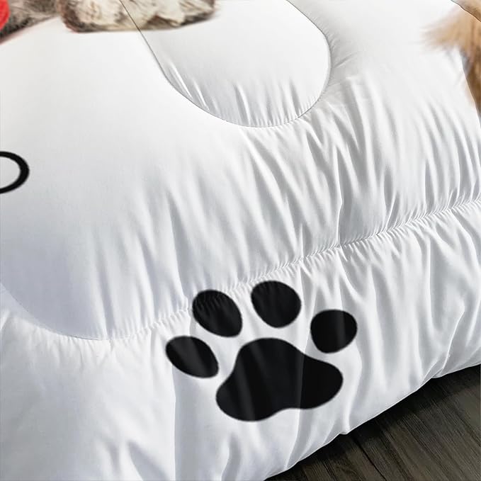 Cute Dog Comforter Set, Cartoon Paw and Bone Print Bedding Home Decor, Pet Puppy White Comforter Full Size
