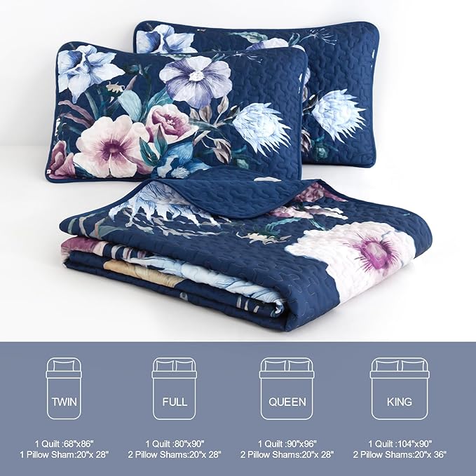Drucon Blue Floral Quilt Set Queen Size 3 Pieces Blue Botanical Flower Quilt Coverlet Set Soft Microfiber Lightweight Quilted Bedspread for All Season 90"x96"