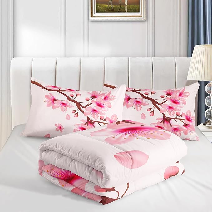 Cherry Blossoms Comforter Set Queen Size 3Pcs Romantic Theme Pink Bedding Set Girl Floral Down Quilt with 1 Comforter and 2 Pillowcases