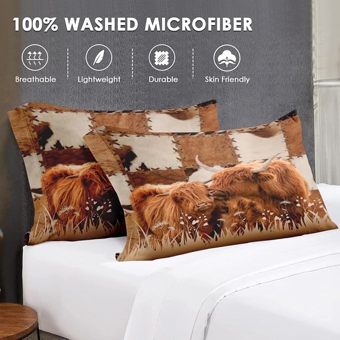 Full Size Comforter Set with 2 Pillowcase, Highland Cow Animal Bull Soft 3 Pcs Bedding for Kids and Adults, Farm Comforter Set for Room Bedroom Bed Decor