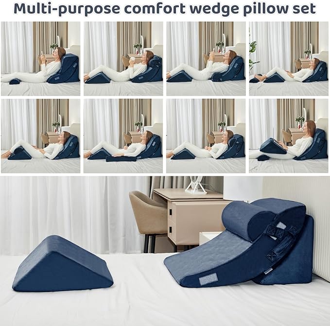 4pcs Wedge Pillow Set for After Surgery,Upright Pillows for Sitting in Bed,Foam Wedge for Back Pain Relief and Leg Pain,Pillow Wedge for Acid Reflux Relief and Anti-snoring