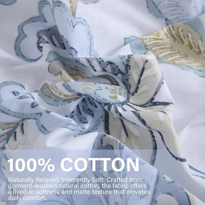Blue Floral Duvet Cover Queen Size 100% Cotton Botanical Coquette Comforter Cover 3 Pieces Soft & Breathable French Style Duvet Cover with Zipper Closure