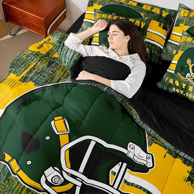 Erosebridal Football Gamed Bedding Set for Boys Girls Youth Sports Room Decor, Football City Themed Comforter Sets with Sheets Army Green Yellow Seasonal Color Bed in A Bag Full 7 Pieces
