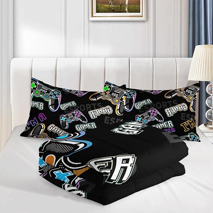 Gamer Console Theme Comforter 3Pcs Twin Games Contoller Esports Bedding Set for Kids Teens Boys Girls Adults 3D Video Game Gamepad Quilt Room Decor with 1 Comforter and 2 Pillowcases