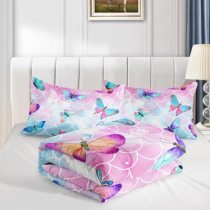 Rainbow Butterfly Comforter Set Full Size for Girls Kids Adults Mermaid Scales Pattern Bedding Set Aesthetics Butterflies Quilt Bed Set with 1 Comforter and 2 Pillowcases