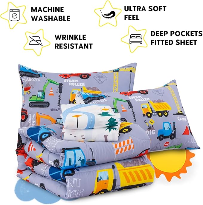 Holawakaka Trucks Tractors Cars Boy Bedding Comforter Set with Sheets, Twin Size Cartoon Construction Car Excavator Print Kids Bed in A Bag 5-Piece, Boys Reversible Dorm Bed Sets (Red Twin)