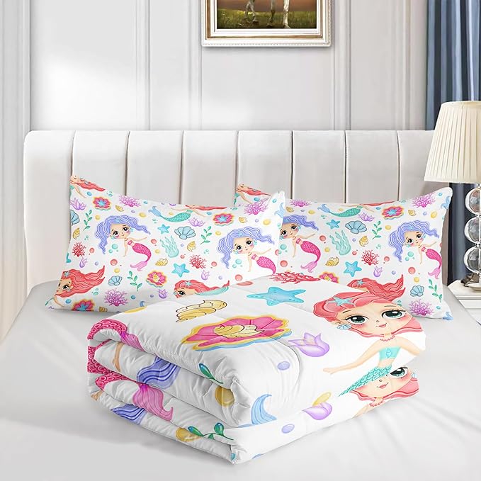 Mermaid Comforter Set Full Size Fairy Tale Sea Shell Grass Bedding Set Starfish Quilt Bed Set for Kid Girls with 1 Comforter and 2 Pillowcases