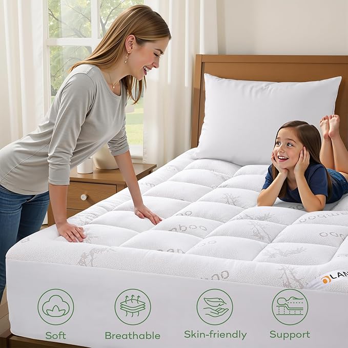 OLANLY Twin Mattress Topper – Viscose Made from Bamboo, Cooling Soft Twin Pillow Top Mattress Pad for Back Pain Relief, Plush Down Alternative Fill Bed Topper with Elastic Deep Pocket, White