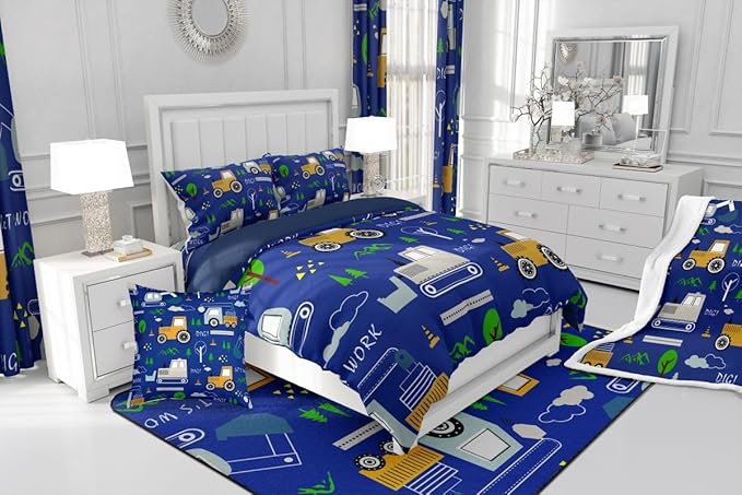 Feelyou Construction Comforter Set All Season Equipment Trucks Bedding Set with 1 Pillow Cases Excavator Tractor Kids Twin Bedclothes Construction Vehicles Bedroom Decor Blue Yellow Duvet Quilt