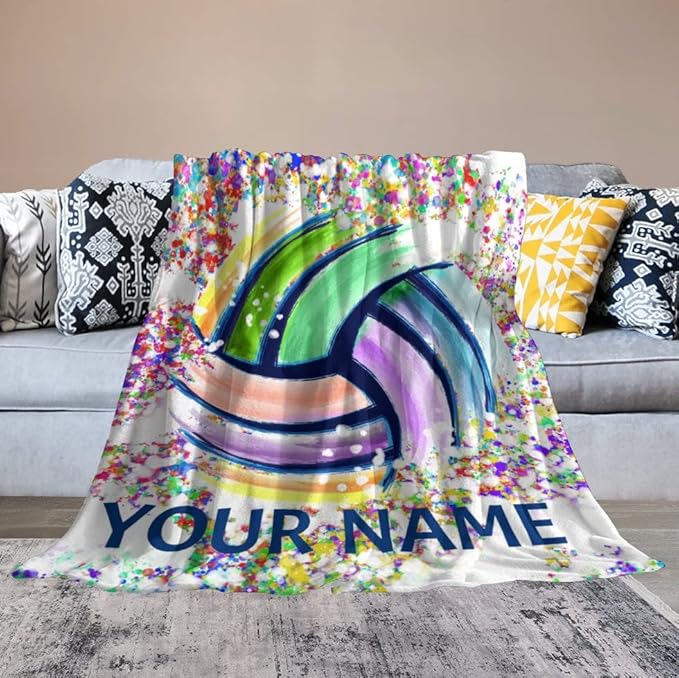 Personalized Volleyball Blanket Gifts with Name - 60"x80" Sports Throw Blanket for Adults, Kids - Colorful Soft Plush Throws for Bed, Couch & Living Room