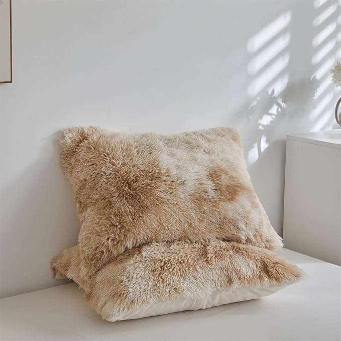Wajade Faux Fur Plush Tie Dye Camel Comforter Set Fluffy Fuzzy Shaggy Bedding Set - 3PC Full Size Microfiber Soft Warm Quilt Set