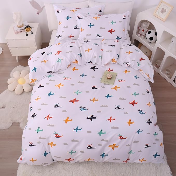 JSD Airplane Kids Duvet Cover Set Queen Size, 3 Piece Soft Printed Microfiber Comforter Cover with Pillow Sham Zipper Closure, Comforter Not Included