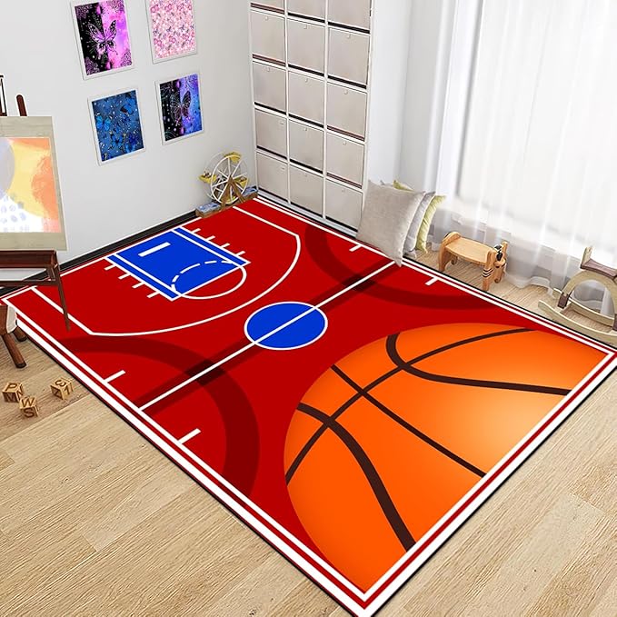Basketball Court Rug - Basketball Rug for Boys Bedroom, Sports Decor for Boys Bedroom Kids Carpet, Sports Themed Carpets for Playroom Living Room Floor Mat or Door mat, 5x7 Feet