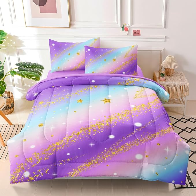 5 Pcs Full Bedding Sets for Girls, Purple Glitter Rainbow Bed in A Bag Full Size Bed Set, Stars Galaxy Bedding Comforter Set for Girls