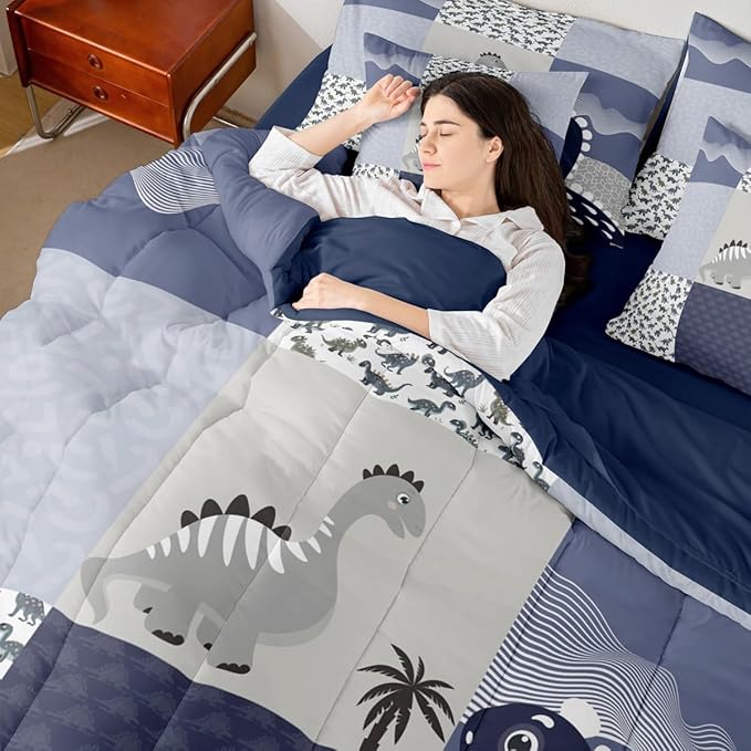 Feelyou Cute Dinosaur 7 Piece Bedding Set Dark Blue Dinosaur Comforter Set with Sheets Full Size for Kids Boys Girls Geometric Pattern Bed in a Bag Animal Theme Bed Set Soft Lightweight