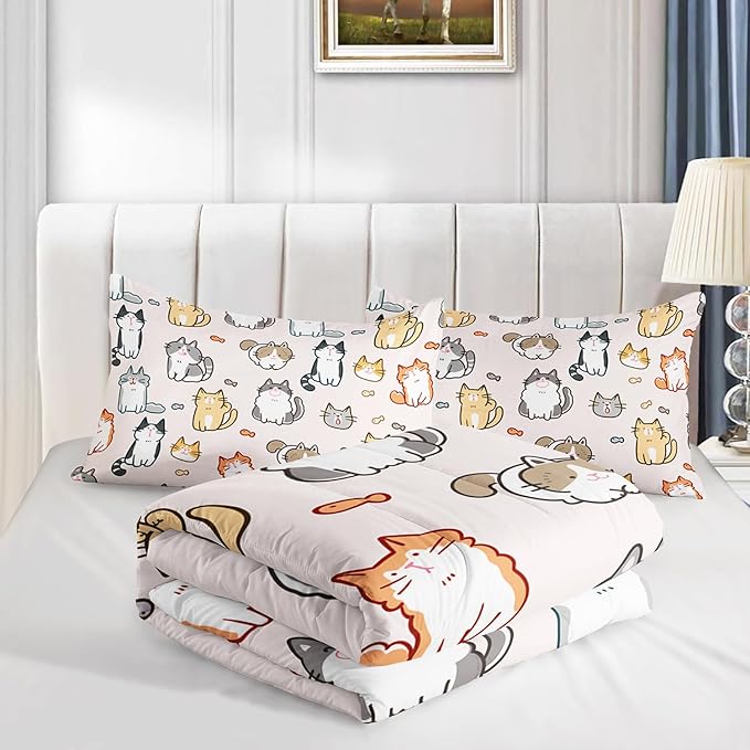 Kids Cute Cat Comforter Set Full Size 3Pcs Cartoon Pet Cat Fishing Bedding Set Lovely Animal Quilt Bed Set for Children Girls Boys Room Decor