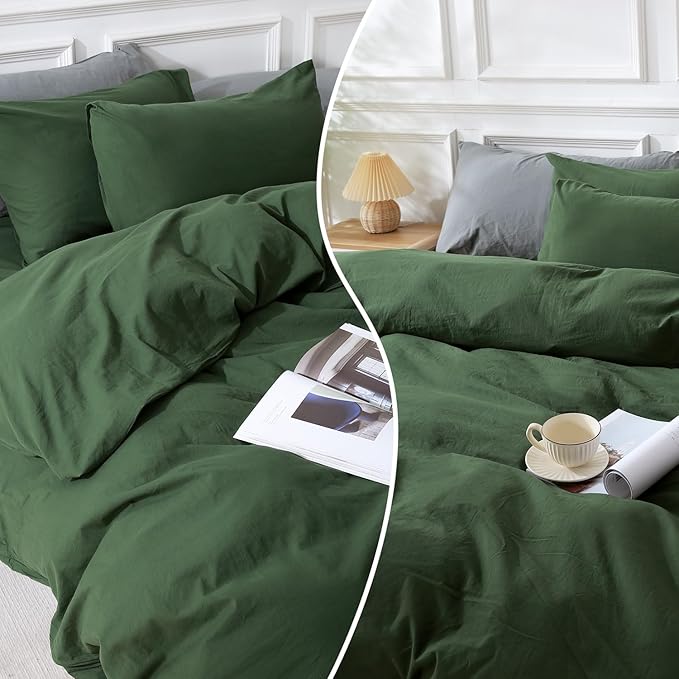 NEXHOME PRO Duvet Cover Set Oversized Queen 92"x98" Linen Look Textured Organic Natural 100% Washed Cotton Duvet Cover 3 Pieces Bedding Set Zipper Closure, Breathable, Forest Green(No Comforter)