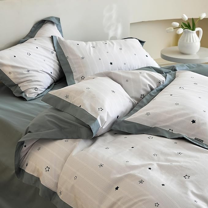 AOJIM Cute Kids Bedding Duvet Cover Set with Star Patterns for Girls and Boys, Reversible Pure Cotton Comforter Cover and 2 Matching Pillowcases, Super Soft Bed Quilt Cover for Room Decor, Queen Size