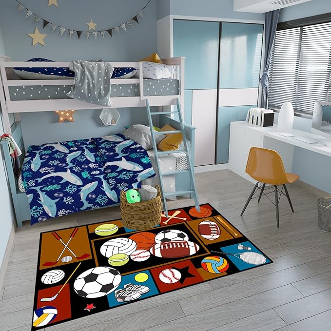 Sports Rugs for Boys Bedroom - Basketball Rug for Boys Bedroom Kids Carpet Sports Theme Basketball, Soccer, Baseball Carpet for Living Room Floor Mat Welcome Mat, 4.5x6 Feet