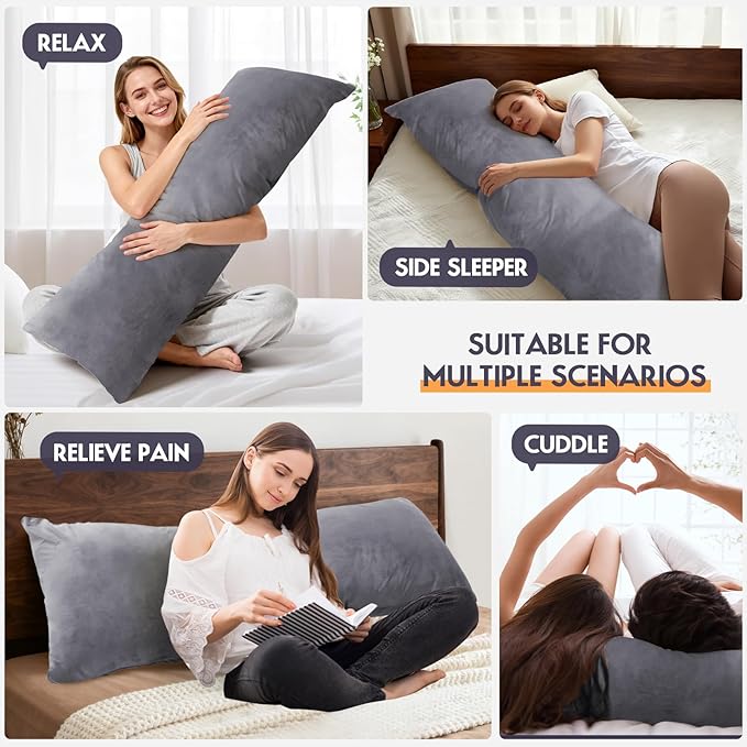 Body Pillow for Adults with Removable Pillowcase,Memory Foam Full Body Pillows for Side Sleepers, Back Pain, Pregnancy, Large Long Pillow Fluffy with Cover for Bed,20x54 Inch, Grey