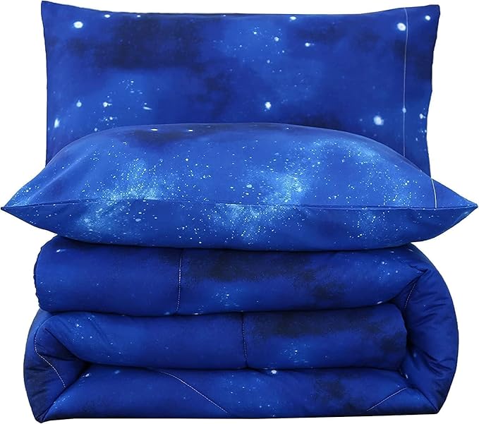 SDIII 3PCS Blue Galaxy Comforter Set Full, Soft Microfiber Lightweight Blue and Pink Space Comforter Full, Galaxy Bedding for Boys Girls Kids Teens