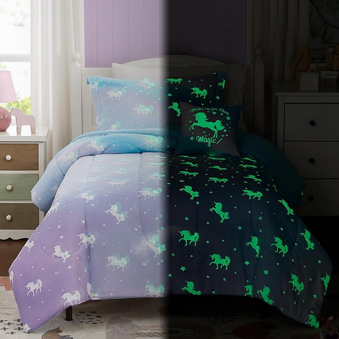 Twin Bedding Sets for Girls - 3 Pieces Glow in The Dark Unicorn Twin XL Comforter Sets for Girls 1 Comforter, 1 Decor Pillow, 1 Pillow Sham