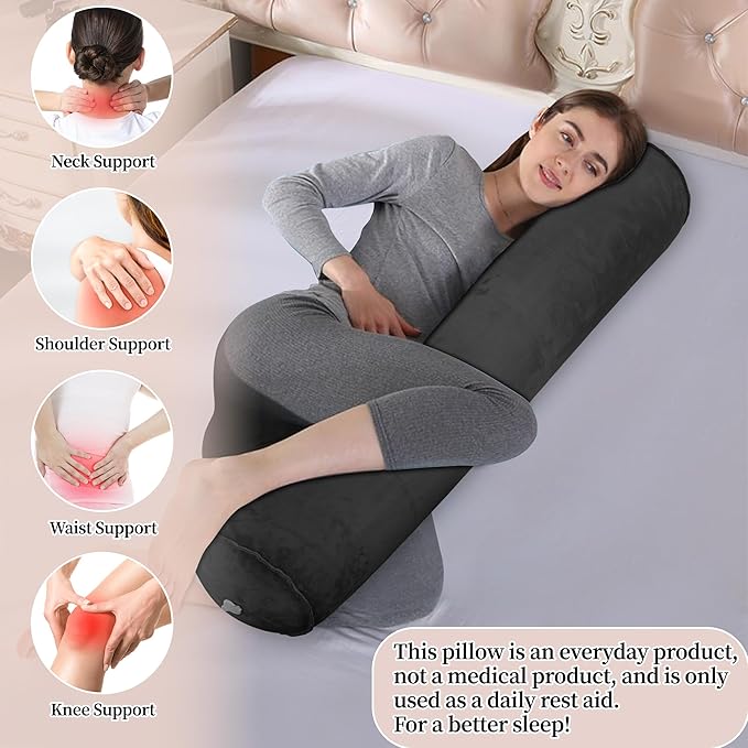 Inflatable Body Pillow for Adults Kids, 47 Inch Body Pillows for Side Sleeper, Travel Body Pillow for Bed, Bolster Pillow, Round Cervical Cylinder Pillow for Sleeping