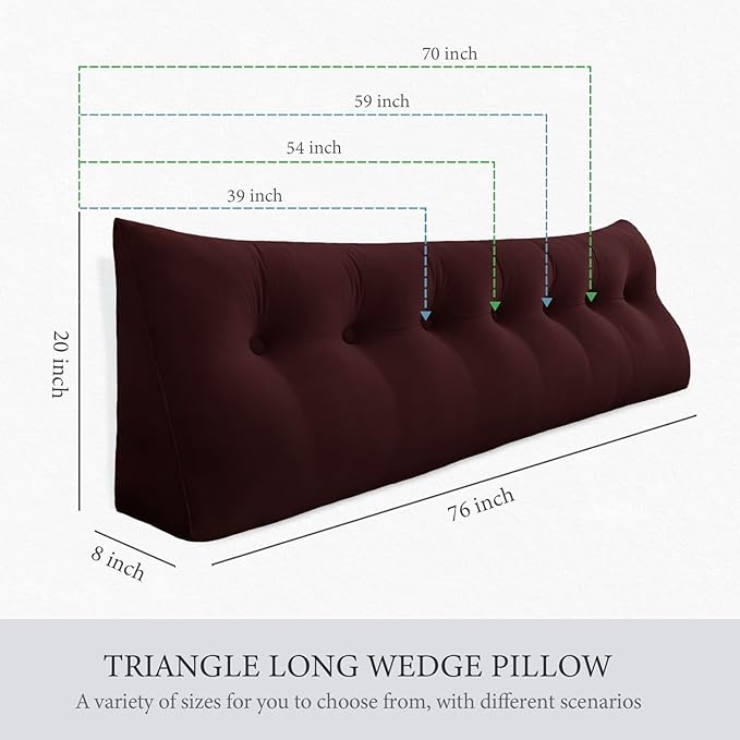 10 lbs Thickened Full Headboard Pillow for Sitting Up in Bed, Back Support Reading Pillow with Side Pocket and Velvet Removable Cover, Triangular Large Wedge Headboard Pillow