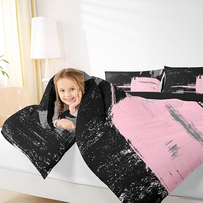 Pink Black Abstract Duvet Quilt Full Size Geometric Bedding Set for Kids Boys Girls Decor Modern Art Comforter Set Breathable Soft Lightweight Microfiber Buffalo Check Bedroom Decor Bedclothes