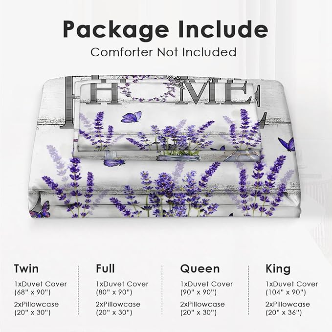 Lavender Theme 3 Pieces Duvet Cover Comforter Set with 2 Pillowcase Queen Size Purple Flower Bed Sheet Quilt Bedroom Bedding for Lover Kids