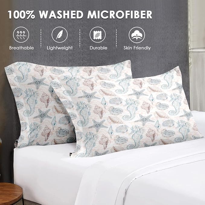 Twin Size Comforter Set with Pillowcase, Sea Shells Seahorse Coral Soft 2 Pcs Bedding for Kids and Adults, Underwater Seashell Retro Comforter Set for Room Bedroom Bed Decor
