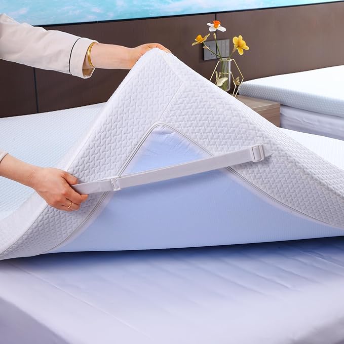 Queen Mattress Topper, Queen Memory Foam Mattress Topper 3 Inch High Density Mattress Pad Comfort Cooling, Bed Topper with Removable Cover, 4 Elastic Straps White, CertiPUR-US Certified