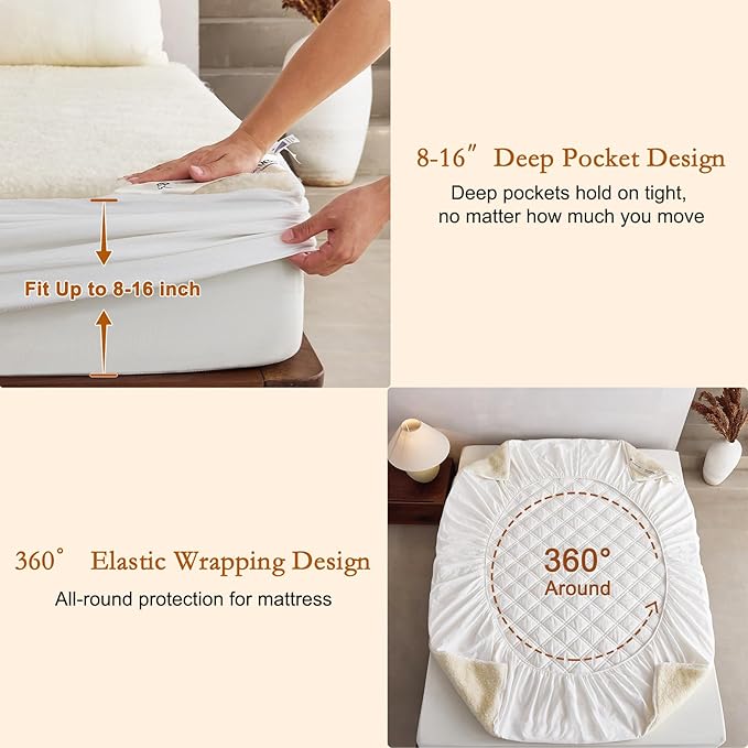 YOUR MOON Wool Fleece Mattress Pad Full – Organic Australian Wool Plush Mattress Topper, 370GSM Velvet Breathable Bed Mattress Cover with 16" Deep Pocket, 54"x75", White