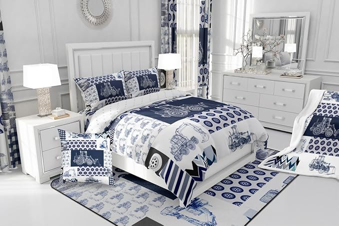 Feelyou Kids Construction Comforter Set Queen Size Equipment Trucks Bedding Set for Boys Cartoon Car Excavator Tractor Comforter Construction Vehicles Plaid Grid Blue and White Duvet Set