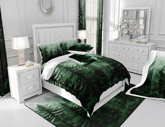 Feelyou Fog Forest Comforter Botanical Pine Trees Comforter Set for Boys Girls Children Watercolor Style Green Comforter Set Room Decor Twin Size Duvet Set 2Pcs