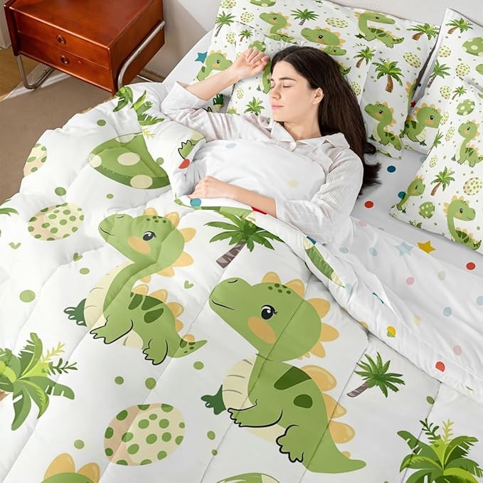 Feelyou Cute Dinosaur 7 Piece Bedding Set Cartoon Green Dinosaur Comforter Set with Sheets for Kids Boys Girls Animal Egg Bed in a Bag Coconut Tree Bed Set Soft Lightweight