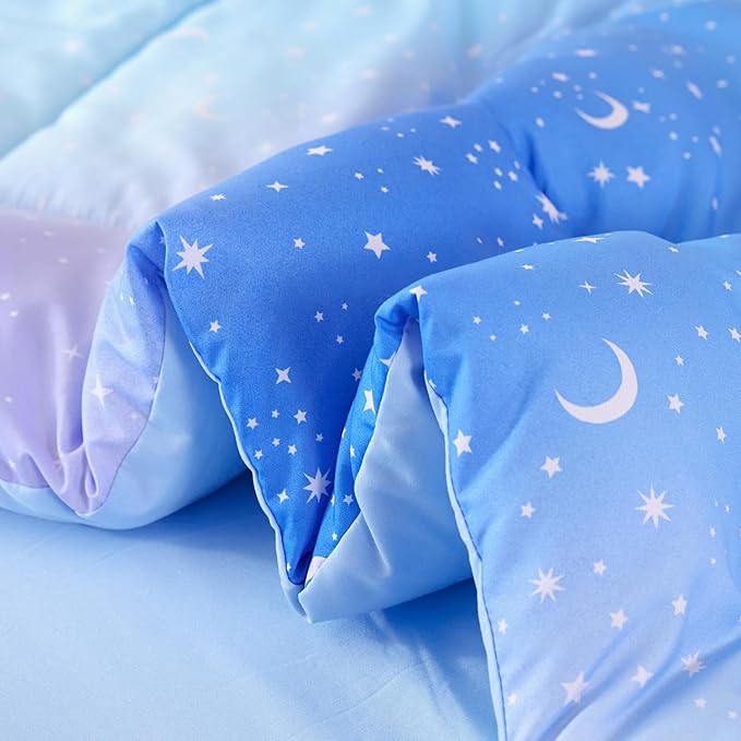URBONUR 6Pcs Gradient Glitter Comforter Set for Girls Full Size Blue Galaxy Kids Bedding Set for Boys Comforter Sets Soft Bed in A Bag Full (Ombre Blue)
