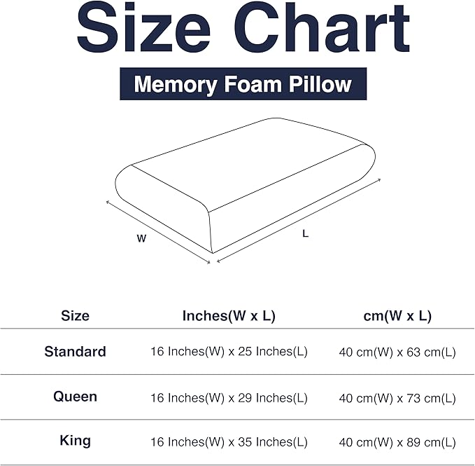Casual Living Memory Foam Pillow Queen Size Bed 1-Pack with Hypoallergenic Removable Washable Cover for Back Stomach and Side Sleepers for Dorm Essentials, 16-inch x 29-inch, White