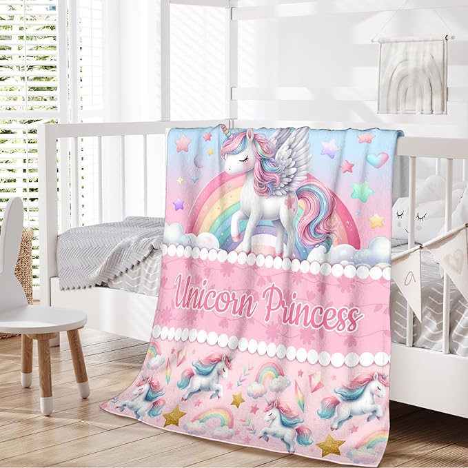 Unicorn Blanket for Girls, 60 x 50 Inches Girls Unicorns Gifts Toys, Pink Unicorn Princess Throw Blanket for Women, Warm Cozy Throw Blanket for Living Room, Bed, Sofa, Office, Travel